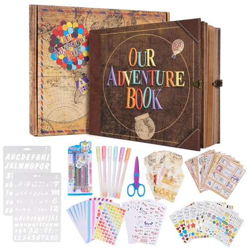 Our Adventure Book 146 Pages 8.9 * 7.7 Inch Scrapbook Photo Album with Scrapbooking Supplies,3D Retro Style Embossed Letter Cover Memory Book for Mother's Day,Anniversary Wedding,Valentine's Day