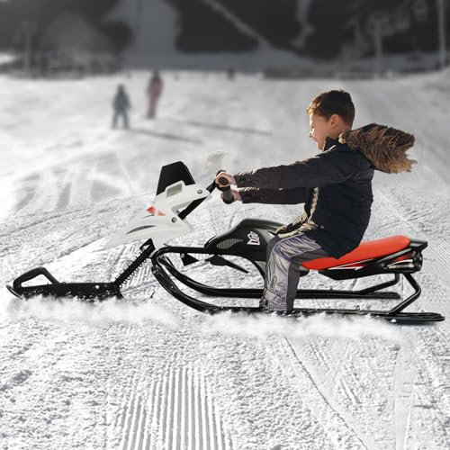 Trineo de esquí con frenos, trineo Snowracer hasta 80 kg, trineo Bob, cuerda de tracción automática, asiento acolchado, negro y rojo