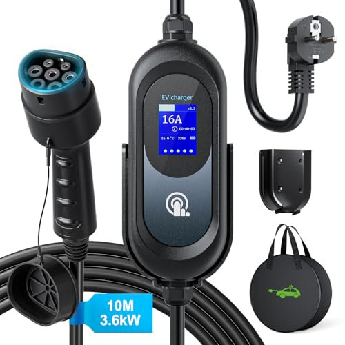 EVJUICION Ladekabel Elektroauto Typ 2 Schuko10 Meter,[8-16A |3,68kW],ladekabel typ 2 schuko mit Ständer,2,4-Zoll-LED-Bildschirm mit Zeitverzögerung,Typ 2 Ladekabel Schuko für EVs & PHEVs