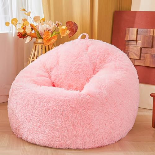 Stuffed Animal Storage Pink Bean Bag Chair COVER ONLY (No Filler Included), Fluffy Pink Faux Fur Fuzzy Plush Furry Shaggy Bean Bag Cover for Kids Girls, Soft Zipper Stuffable Organizer, 38x38x40