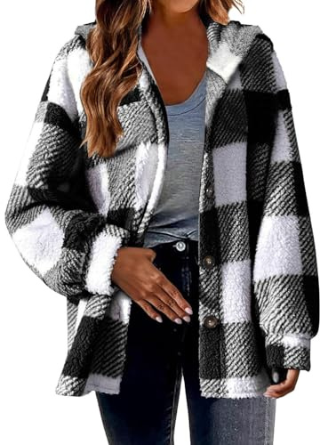 Veste chemise à carreaux pour femme - Veste polaire longue avec capuche - Veste en peluche élégante - Grandes tailles - Veste d'hiver - Veste de transition avec boutons - Veste de loisirs chaude