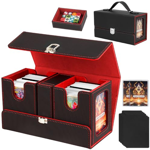 Deck Box MTG / TCG 3-en-1 – Boîte de Rangement Cartes 200+ Double Sleeves, 2 Deck Box avec Plateau à Dés et Fenêtre Commandant, Porte Cartes à Collectionner en Cuir PU Magnétique, noir et rouge