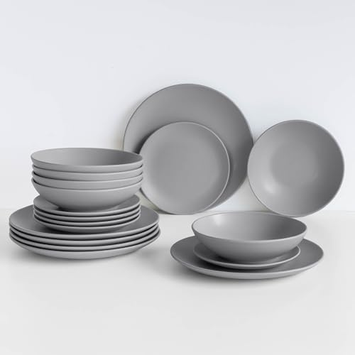 IlGruppone 18 Piatti, 6 Coperti Completi - Servizio da Tavola in Gres Porcellana Smaltato, Piatti con Certificazione Contatto Alimentare per Microonde e Lavastoviglie - Design Moderno, Grigio