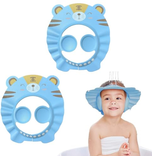 2 gorros de ducha para niños con protección para las orejas. Ayuda para el lavado del cabello, gorros protectores para niños y bebés (diseño de tigre azul).