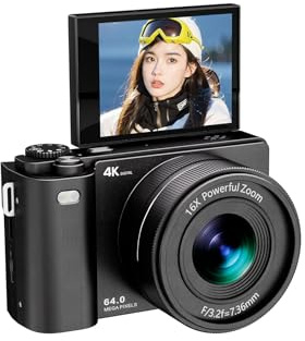 Andoer 64MP Appareil Photo Numérique, Zoom Optique 16X avec Écran IPS 2.8 Pouces, avec Lecteur MP3 Intégré, Idéal pour Les Adolescents et Les Créateurs en Herbe, Pinceau de Filtres (Noir)