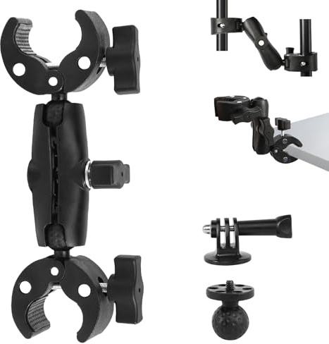 Support de Guidon de Moto Pince Double Pince de Support Super Clamp Réglable 360° Rotatif Supports Caméra D'Action avec Vis 1/4-20 pour Trépied Léger Réflecteur Vélo Moto Guidon Perche à Selfie