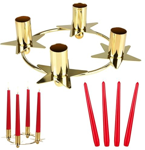 BRUBAKER Bougeoir de Couronne avec 4 Bougies Rouges Fines Premium - Anneau de 22 cm pour Bougies Longues - Porte-Bougies Ètoile Dorée - Support Métallique pour la Période de l'Avent et de Noël