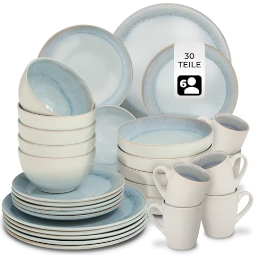 tectake® 30-Piece Stoneware Dinner Set for 6 People, Incl. Dinner Plates, Bowls & Mugs in Glazed Stoneware, Microwave- & Dishwasher-Safe Tableware, Handcrafted Maritime-Style Crockery Set - Grey