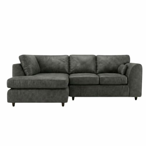 SofaSnug L Shaped Sofa Full Back Faux Leather Couch with Cushions and Padded Curved Arms | Firm Support Left Hand Corner Sofa for Living Room (Black)