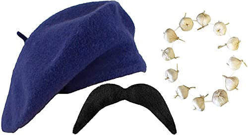 Blaues Basken- und Knoblauch-Girlande + Faschengirlande Französischer Bastille Day Fancy Dress Set Herren & Damen (Blaue Baskenmütze & Knoblauch-Girlande)