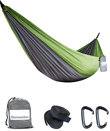 STEINWEBER Ultraleichte Hängematte für Camping & Wandern - Fallschirmseide 285x160cm für 2 Personen - 250kg Traglast (Grün)