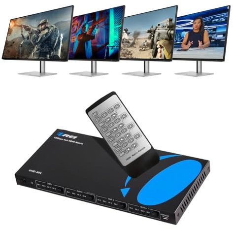 OREI 4x4 HDMI 4K Matrix Switch/Splitter, (4 entradas, 4 Salidas) con Mando a Distancia, soporta UltraHD 4K @60Hz 4:4:4, HDR, YUV, HDMI 2.0, HDCP 2.2, 3D, 1080p, 18 GBPS - Downscaler (4K y 1080p