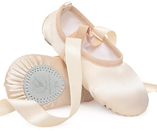 Balettskor, rosa, balettskor, satin med band, dansskor, delad lädersula för flickor, barn, kvinnor, i storlek 24–40, Beige, 32 EU