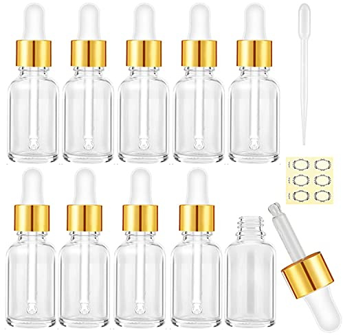 Alledomain 10Pcs, 10Ml Clear Glass Bottles with Dropper Pipettes, Mini Empty Dropper Bottles Golden Metal Cap Refillable Sample Container for Essential Oil/Aromatherapy Blends/Chemical Liquid