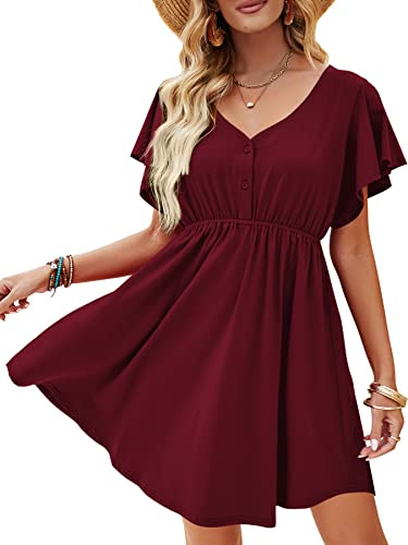 Beluring Women's Solid Color V Neck Above The Knee Dress Short Sleeve Button Tunic Dress Burgundy Size 16-18