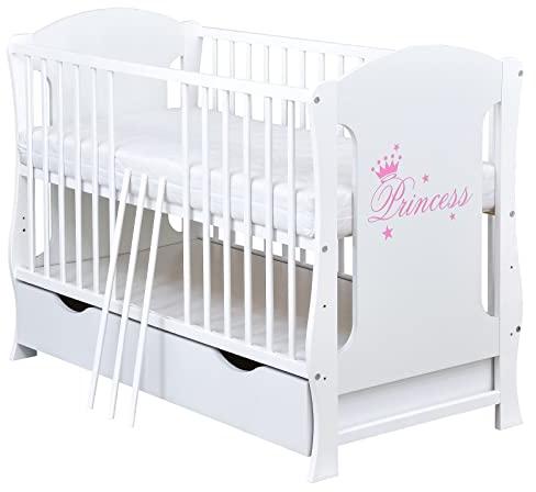 Baby Delux Babybett Kinderbett Juniorbett umbaubar Weiß 120x60 Princess Motiv Schublade Matratze (ohne Matratze)