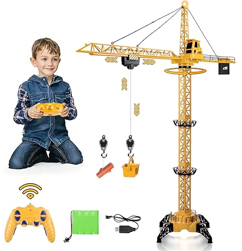 deAO RC Bauturmkran, Kran, ferngesteuert, für Kinder, Höhe 128 cm, 6 Kanäle, ferngesteuert, Modell Die Cast, Fernbedienung 680 °, Drehung, Lichter und Geräusche