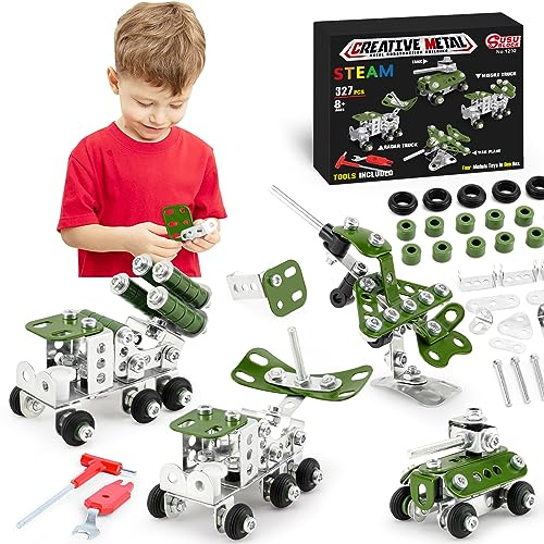 Ferthor Fun Building Toys for Boys Age 8-12,Creative Sets 4 Mini Army Vehicles Model,Metal Military Models Toys for Kids Ages 8+,DIY Educational Birthday Gifts for Kids Boys 8 9 10 11 12-16 Years Old