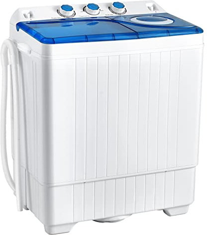 COSTWAY Portable Washing Machine, Twin Tub 26lbs Capacity Laundry Washer, 18lbs Washer and 8lbs Spinner Combo with Timer Knobs, Built-in Drain Pump, Compact Washer for Home Dorm Apartment, Blue+White