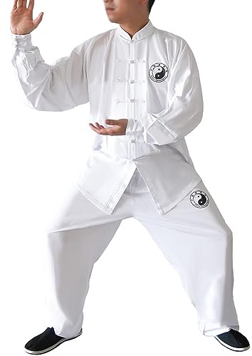 Dee Plus Uniforme Kung Fu Completo Tai Chi Arti Marziali Tai Chi in Cotone, Abbigliamento per Arti Marziali Meditazione per Donna Uomo Unisex, Wing Chun Vestiti con Manica Lunga Un Set - Bianco (3XL)