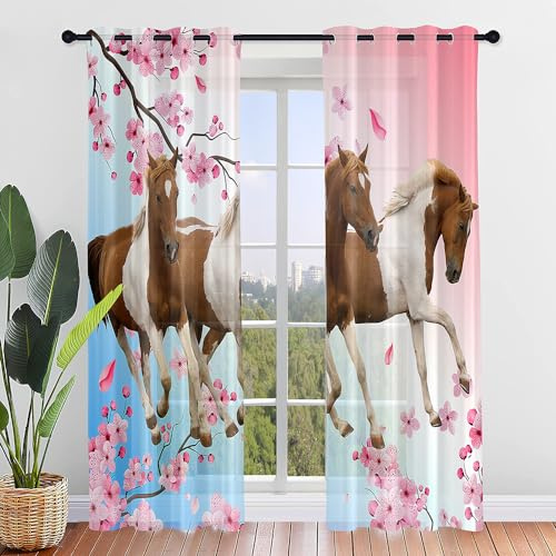 Surwin Tende per Interni, Tende a Vetro con Occhielli, 2 PezziTende Camera da Letto, 3D Cavallo Tende Voile Semi Trasparenti, per Camera da Letto, Cucina, Soggiorno (140x275cm,Fiore di pesco)
