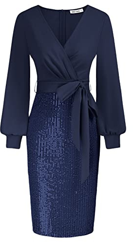 GRACE KARIN Womens Formal Cocktail Party Sequin Dress V-Neck Long Sleeve Evening Dress Going Out Navy Blue M