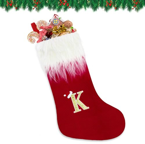 VReder Christmas Stockings, 22 White Beard Xmas Personalized Embroidered Stockings with Letters, Red Fireplace Hanging Santa Socks for Christmas Tree Decor Xmas Gift (Monogram K)