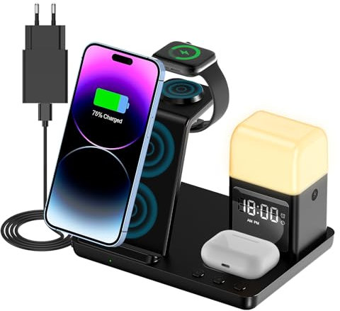 Cargador Inalámbrico 6 en 1, 15W Certificación Qi Wireless Charger con Luz Nocturna, Mostrar Hora y Despertador para iPhone 15 14 13 12 11 Pro Max Apple Watch Airpods Samsung Xiaomi Redmi Google Pixel
