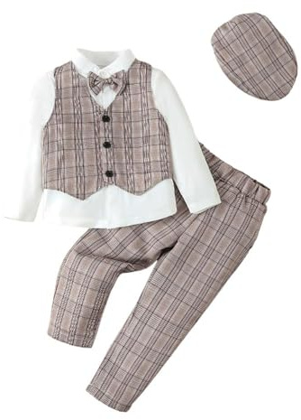 Lito Angels Baby barn pojkar gentleman rutig väst kostym set formella bröllopskläder med hatt, grå grön blå brun, Brun, 5-6 År