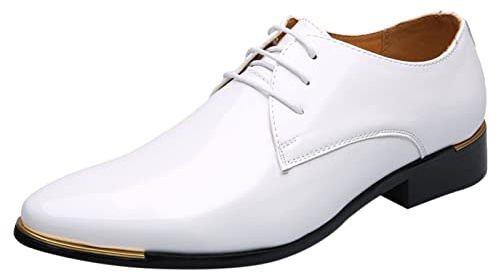 Oxford - Scarpe da uomo in pelle, per business, classiche, in pelle, leggere, con lacci, eleganti e larghe, in vernice, bianco, 45 EU