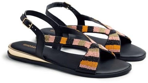 Gioseppo SCHOEPKE - Sandalias de Piel con Detalle de Cuentas Multicolores para Mujer, Cuña Metalizada y Planta Acolchada, Diseño Elegante y Cómodo, Color Negro, Talla 39