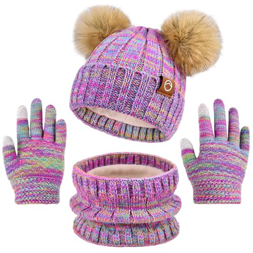 ZOORON Kids Winter Hat Gloves Scarf Set Girls, Children Beanies Hats with Pom Pom Warm Fleece Lining Beanie For Girls Boys