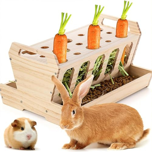 DOUBFIVSY Râtelier à Foin pour Rongeurs, Distributeur de Foin en Bois Grande Capacité pour Lapins, Cochons d’Inde, Mangeoire Autonome avec Râtelier à Carottes (Bois Naturel Non Traité 30x22x18 cm)