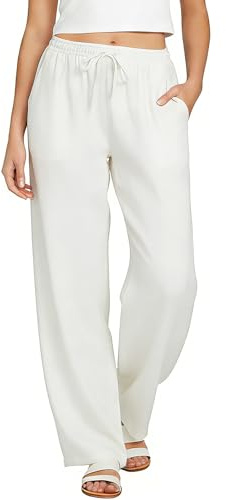 Neteson Pantalones Mujer Verano Casual Pantalones de Lino de Algodón Cintura Alta Elástica Pantalón Largos Cómodos Ligero Pantalones Fluido Anchos Playa con Bolsillos