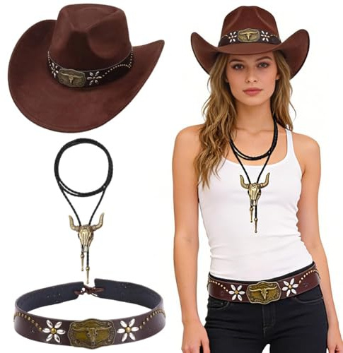 GVMJHYK Set Chapeau de Cowboy Western avec Collier Crâne de Taureau & Bandeau pour Déguisement Adultes, Carnaval, Fête à Thème Country, Halloween