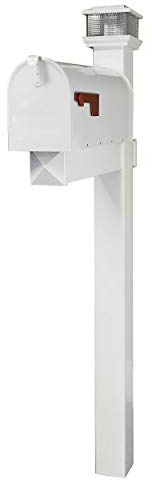The Galaxy Steel Mailbox with LED Solar Light Cap and White Vinyl Post (White Mailbox)