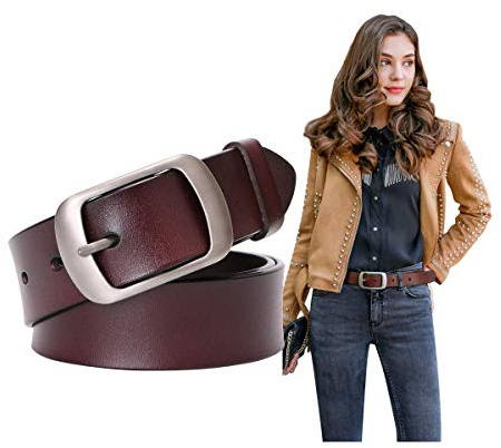 SUOSDEY Fashion Womens Leather Belts for Jeans Pants with Metal Pin Buckle Ladies Retro Vintage Leather Waist Belt coffee