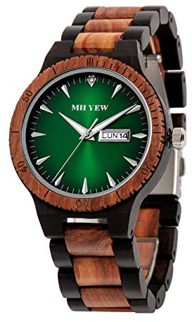 MII YEW Men's Wooden Watch Lightweight Analog Quartz Handmade Wood Watches Green Dial with Date