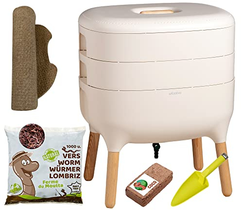 Moutta | Urbalive 2 Plateaux Ivoire Kit Complet I Lombricomposteur Design I 500gr de vers de Compost I Substrat de démarrage I Tapis de Chanvre + Pelle I Intérieur, Balcon et Jardin