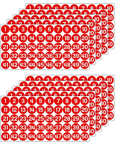 GamesMonkey® - Étiquettes Chiffres Autocollants Cercles - Rouge - de 1 à 50 - (50-500 - 2500 pièces)(10-25 mm) Vinyle Imperméable - Inventaires Consécutifs (10 mm - 1,0 cm, 500 Pièces - 10 Feuilles)