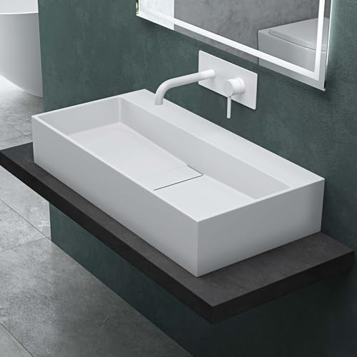 Mai & Mai Waschbecken Aufsatzwaschbecken Hängewaschbecken aus Mineralguss 80x40x14cm in Weiß matt mit Armaturloch Col6028