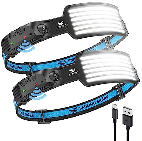 Smiling Shark Kopflampe, 2 Stück Wide Angle 6*LED Weiß Licht die Super Hellste Stirnlampe Wiederaufladbar Wasserdichte Headlamp Camping Joggen Angeln,