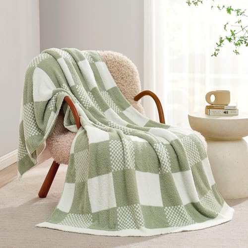 Snuggle Sac Checkered Blanket, Sage Green Throw Blanket for Couch Plaid Microfiber Fluffy Warm Cozy Fuzzy Soft Throw Blanket Reversible Checker Blankets for Sofa, Chair, Bed, 50x60 inches
