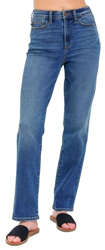 Judy Blue Women's High Rise Mom Jeans, Tummy Control Waist Straight Fit Denim Pants (Dark Blue, 7)
