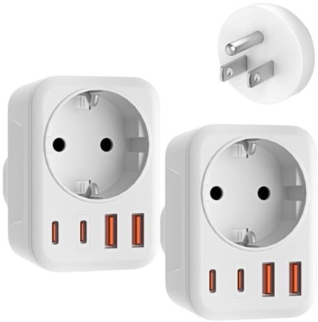 2 adaptadores de enchufe de EE. UU., 5 en 1, adaptador de enchufe de Estados Unidos y Alemania con 1 AC 2 USB-C 2 USB-A (3,4 A), adaptador de viaje UE a EE. UU. para Estados Unidos, Canadá, Tailandia