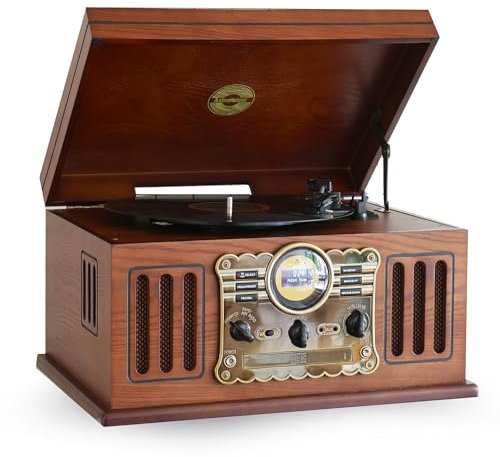 Steepletone Westminster 2018 Nostalgic DAB Radio 7 in 1 Music Centre: 3 Speed Record Player, CD Player, Cassette Player, USB/MP3 RECORDING, FM, Remote Control (Dark Wood (BLUETOOTH Version Package)