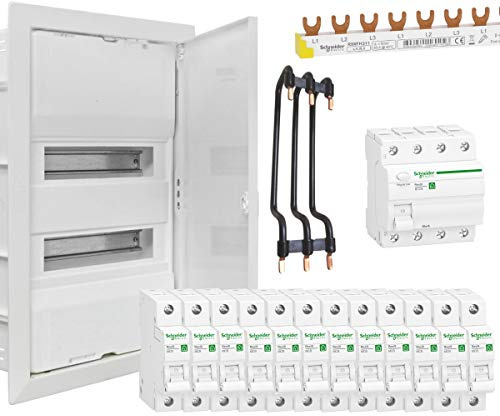 WITTKOWARE UVS-2 Unterputz-Verteilungsset, Kleinverteiler 2-reihig, FI-Schalter 40A/0,03A, 12x LS-Schalter B16A, Phasenschiene, Verdrahtungssatz
