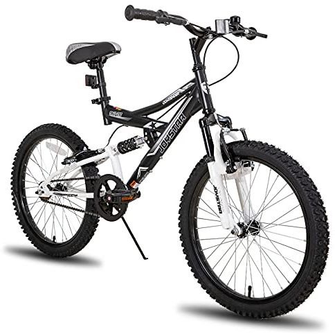 JOYSTAR Contender 20 Zoll Kinder Mountainbike für Jungen & Mädchen im Alter von 7-13 Jahren Kinderfahrrad mit vollgefedertem Stahlrahmen und 1-Gang-Antrieb mit Ständer Schwarz