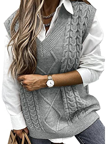 Niwicee Sweater Vest Knitted Sleeveless Jumpers Tank Top Streetwear Knitwear Plaid Pullovers Sweatshirts Oversized V Neck Cable Knit Vintage Retro Stylish Spring Autumn Winter Chunky Women