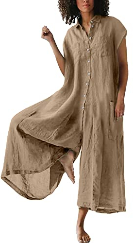 EMATOP Sommer Jumpsuit Damen Lässige Overalls Baumwolle Leinen Latzhose Elegant Lang Sommerhose Baggy Weites Bein Hosen mit Taschen Playsuit Leicht Atmungsaktiv Einteiler Arbeitshose